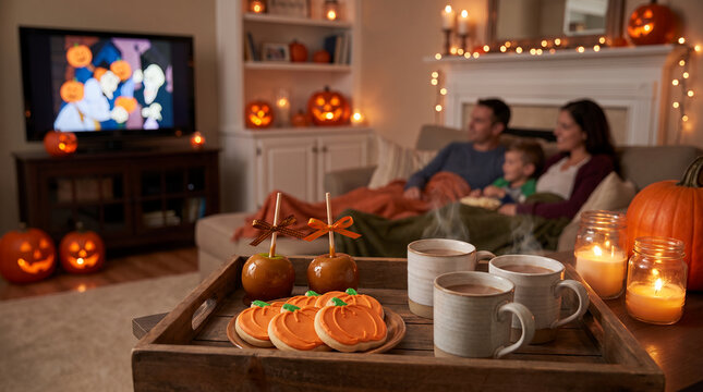 Family enjoying Halloween snacks and watching TV in cozy living room  