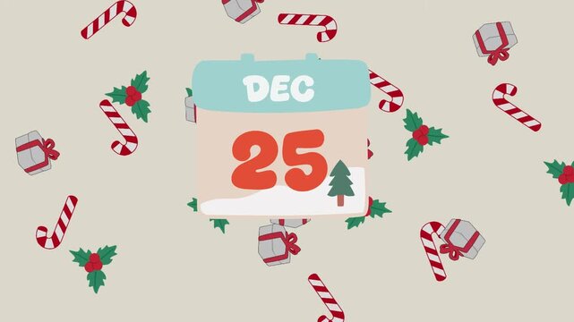 4K 2D animation of a December 25th Christmas calendar, featuring floating, festive gift-themed vector ornaments in the background.
