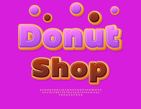 Vector Sweet Advertisement Donut Shop. Tasty Glazed Font. Creative set of Delicious Alphabet Letters and Numbers.
