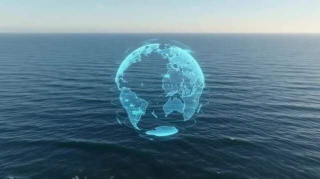 Rotating digital earth globe hovering above ocean surface 4K animation
