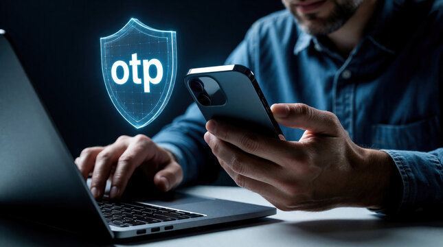Man uses smartphone, laptop for secure login. Glowing blue OTP shield icon floats above devices. Person enters one time password to protect bank account private data. Cyber security, digital