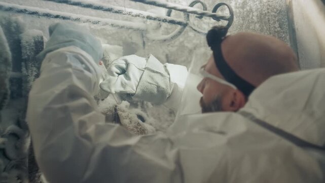 Hazmat researcher in frost covered glovebox removes frozen sample from sealed chamber inside derelict house lab, breath fogging against visor, careful gloved hands and headlamp, tense clinical
