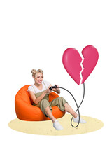 Vertical poster collage young excited girl gamepad joystick controller gamer separated broken heart valentine day divorce © deagreez