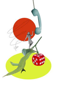 Vertical image collage young funky woman dance telephone call answer operator dice combination gambling luck leaf plant