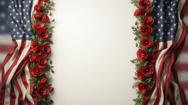 Memorial Day background with American flags and red poppy flowers