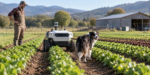 Obraz premium Autonomous Farm Robot Navigating Crop Rows Alongside A Farmer And Dog