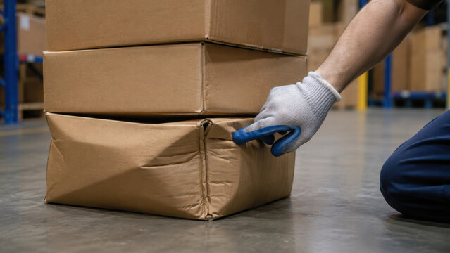 Shipped goods damage assessment during warehouse inspection with gloved worker examining crushed cardboard package