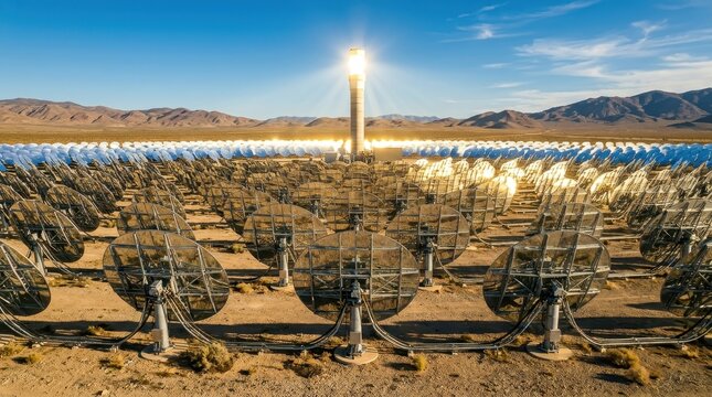 Vast desert solar farm with numerous heliostats focusing sunlight onto a central tower under a bright blue sky