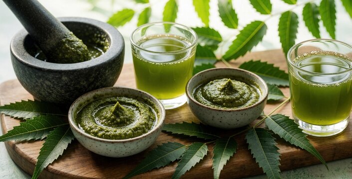 Fresh neem leaves in stone mortar with green herbal paste. Small bowls, glasses contain organic juice for scalp health treatment. Natural ayurvedic remedy for dandruff, hair care on wooden board with
