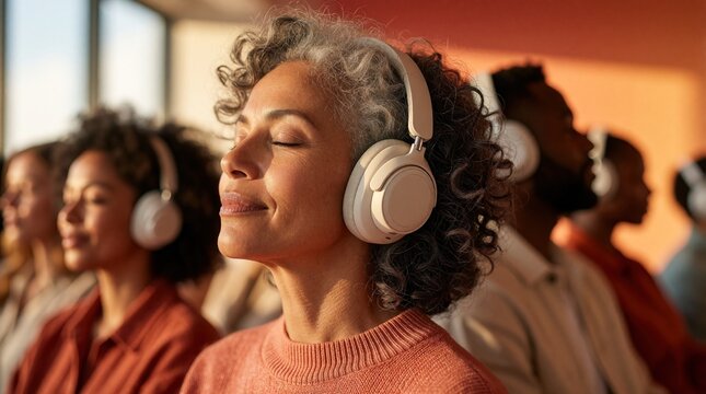 Diverse group of people wear wireless headphones in modern office. Happy multicultural adults relax, focus with music meditation. Close up of smiling woman with closed eyes enjoying calm sound