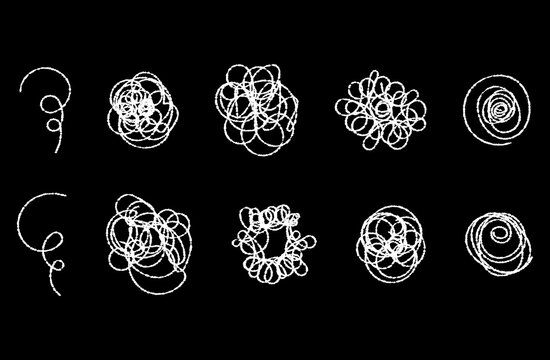 Hand-drawn "Swirling Thoughts & Emotions" Set (White Lines) &ndash; representing worries, indecision, confusion, contemplation, mental fog, spiraling thoughts, complexity, etc