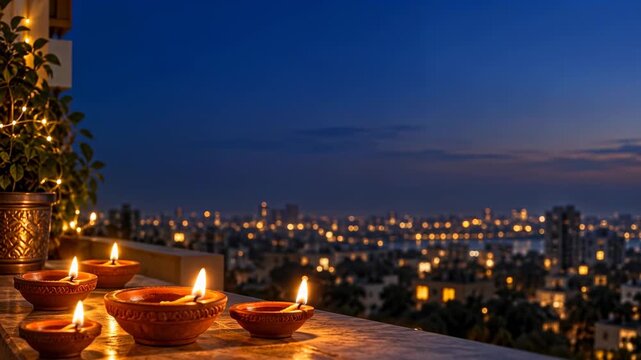 Glowing diyas on balcony overlooking city at dusk, Diwali celebration with copy space
