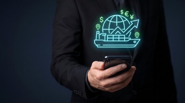 maritime shipping and worldwide supply chain management dashboard. businessman presenting global trade route metrics and dollar investment gains. international commerce platform.