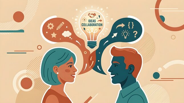 Two people collaborating creative ideas exchange vector illustration bright colors
