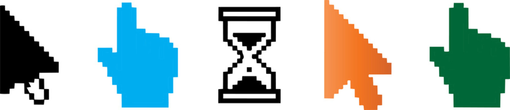 Set of colorful pixel art computer mouse pointers and hourglass waiting icon