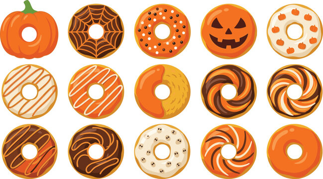 Halloween Donut Collection with Pumpkin Shapes, Spider Web Glaze, Jack O Lantern Faces, Chocolate Frosting, Sprinkles, and Orange Decorative Designs