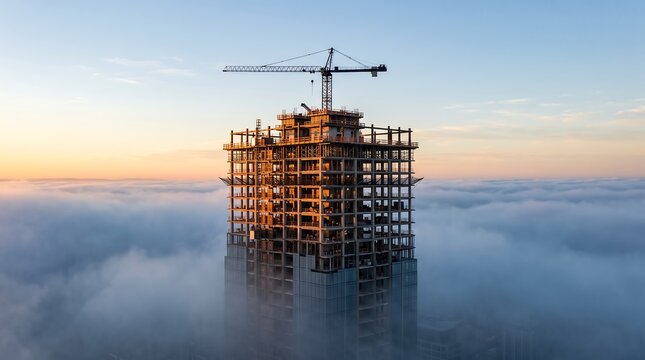 High Rise Skyscraper Construction Above Fog at Sunrise