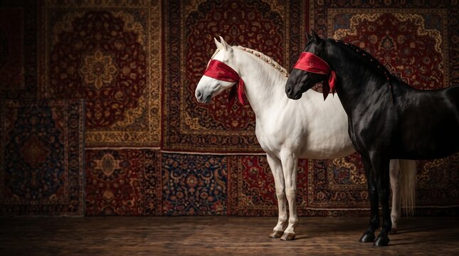 A striking black horse and a white horse stand side by side with red blindfolds against a backdrop of ornate Persian carpets.