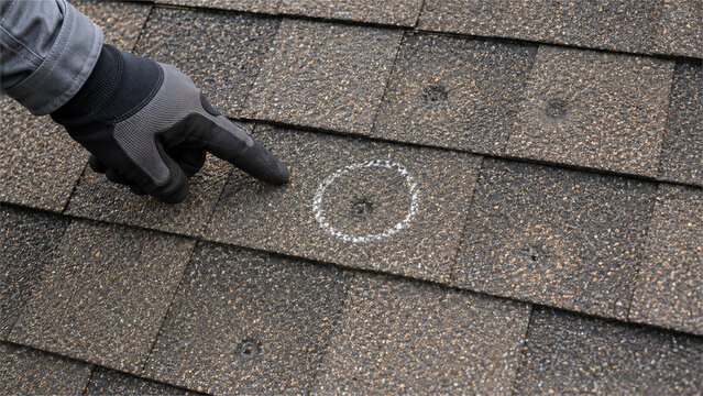 Contractor inspecting and marking hail impact damage on asphalt roof shingles