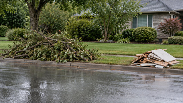 Storm debris sorted into tree branches and building waste along residential curb