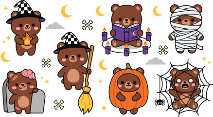 Fototapeta premium Cute Halloween Bear Character Collection with Witch, Mummy, Pumpkin, Zombie, Fortune Teller, Skeleton, Graveyard, and Spider Web Costumes