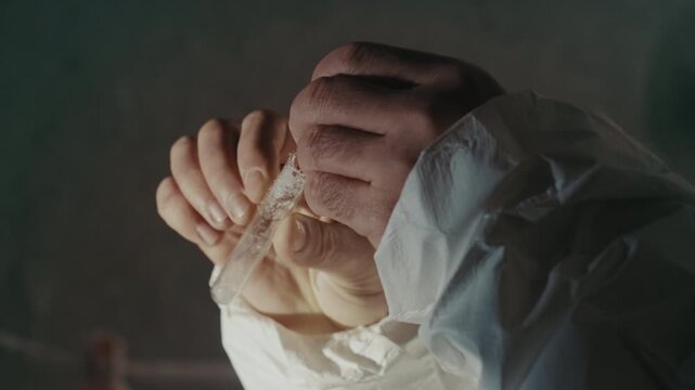 Hands pouring powder from vial onto gloved palm inside dim laboratory researcher in protective suit performs careful extraction under warm amber light using pipette and precise technique evoking