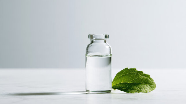 Leaf extract vial beside fresh green leaf white marble, creating clean natural sweetness concept with clear liquid, soft daylight, minimal styling, and ample negative space for calm presentation