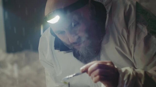 Man in protective suit handling chain, clips corroded link with tweezers and pliers while lamp beam cuts through dust, close detail on gloved hands collecting evidence in abandoned house, meticulous