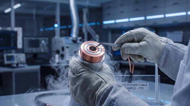 Researcher Inspecting High-Temperature Superconductor Cable Sample with Liquid Nitrogen in Lab