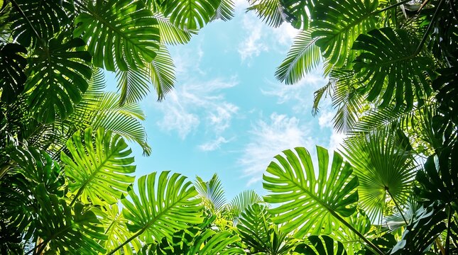 Tropical Palm and Monstera Leaves Framing Blue Sky
