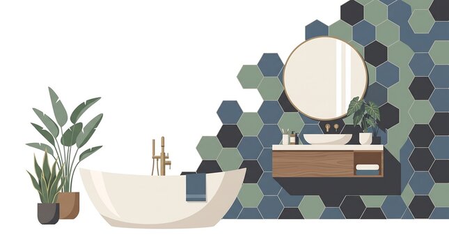 Modern bathroom interior with bathtub and vanity on hexagonal tile wall