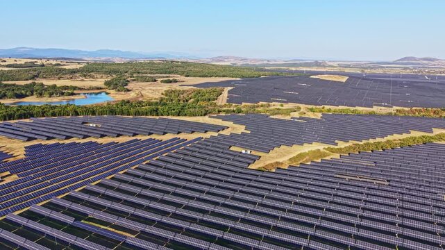 Rows of solar panels stretch across a field in Spain. The area has green trees and a pond nearby. Bright sunlight illuminates the scene.