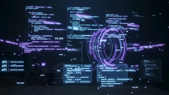 Abstract digital programming code displayed on a large dark wall screen with a connected glowing data node in a modern tech office