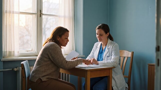 Mother and daughter listening to doctor in a private practice room