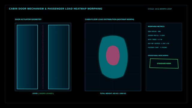 Futuristic Cabin Door Mechanism and Passenger Load Distribution Heatmap Data Visualization HUD