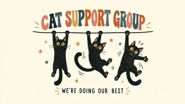 Cat support group with hanging cats