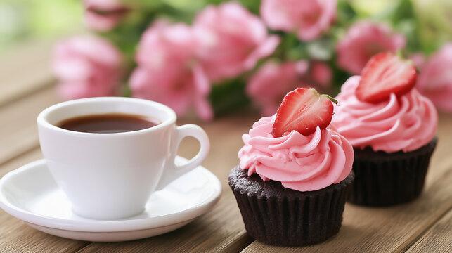 On a wooden table, a cup of black coffee sits on a white saucer beside two pink-frosted strawberry cupcakes, with blurred pink flowers in the background.