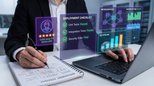 software deployment checklist and devops automation system. continuous delivery pipeline interface. software engineer sketching architecture strategy and typing on laptop.