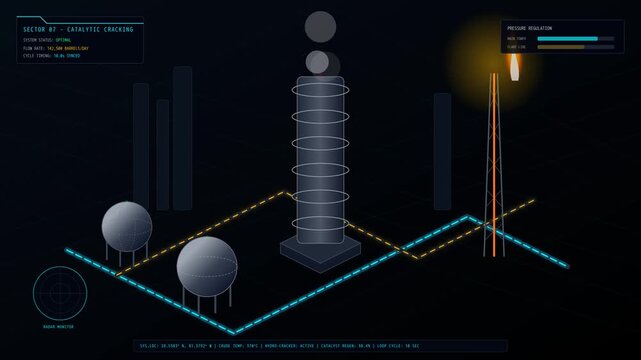 Isometric Digital Infographic Animation Showing Catalytic Cracking Process in Petroleum Refinery