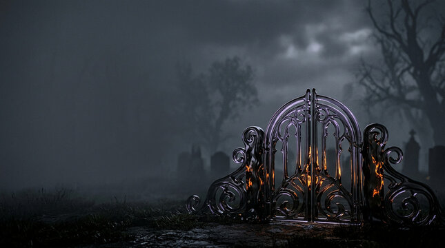 Ornate gothic metal gate in a spooky graveyard at night with thick fog and old tombstones, perfect for Halloween horror concept background.