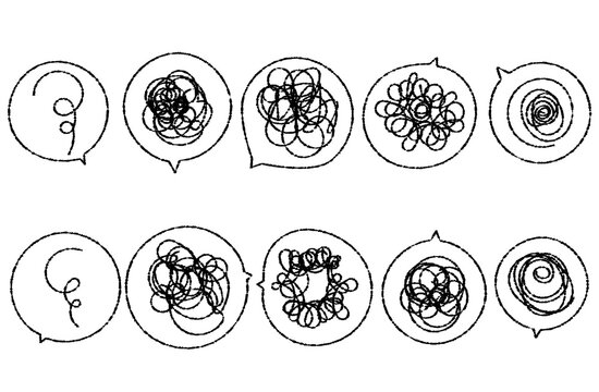 Hand-drawn "swirling thoughts/emotions" set with speech bubbles (black lines) &ndash; for themes like worry, indecision, confusion, contemplation, mental fog, racing thoughts, complexity, etc