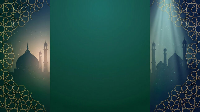 Luxury Islamic banner background with gold patterns and mosque silhouettes for public gatherings.