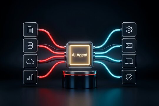 Ai agent processing data inputs and outputs through a central glowing digital interface with intelligence processor interface technology automation computing algorithm software information 