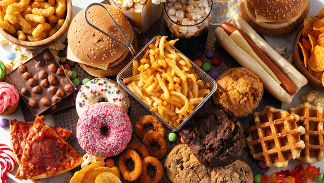 Fast Food Assortment Featuring Burgers Hot Dogs Fries and Assorted Snacks on a Tabletop for a Party Menu or Cheat Day Concept Top View