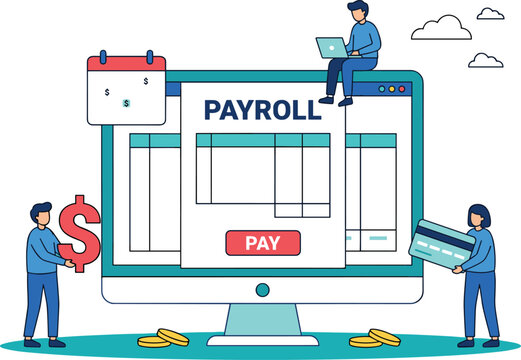 Online payroll accounting vector illustration with people managing employee salaries bank card tax payment screen schedule