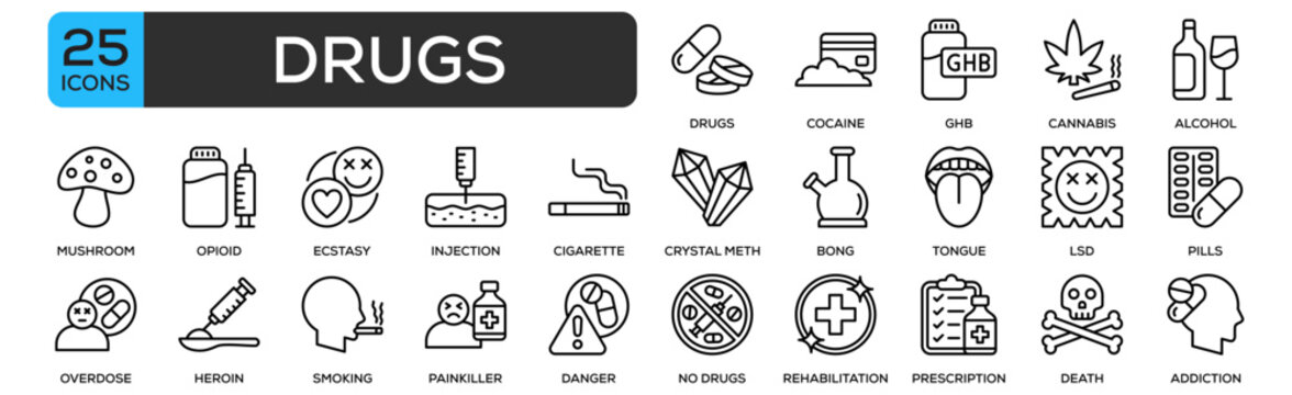 Drugs Icon Collection Set. Containing Design Drugs, Cannabis, Alcohol, Cocaine, Injection