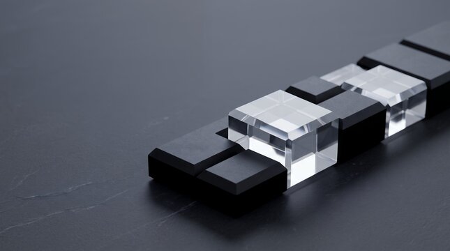 Minimalist black blocks and clear glass cubes on dark stone surface with copy space