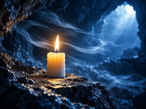 Single burning candle remaining lit in darkness and harsh weather, symbolizing courage, hope, inner strength and perseverance, with surrounding copy space.