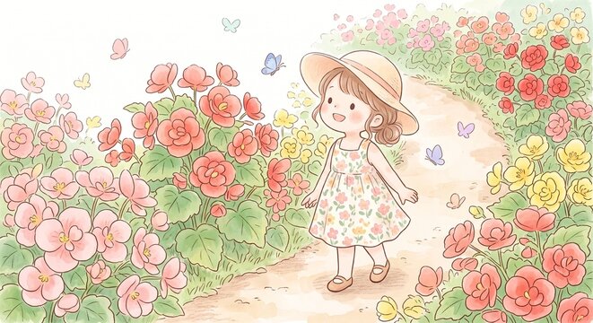 ベゴニアの花の小径を散歩する可愛い女の子のイラスト