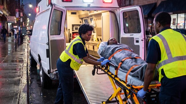 Emergency medical services: Black paramedics load a patient into an ambulance on a rainy night